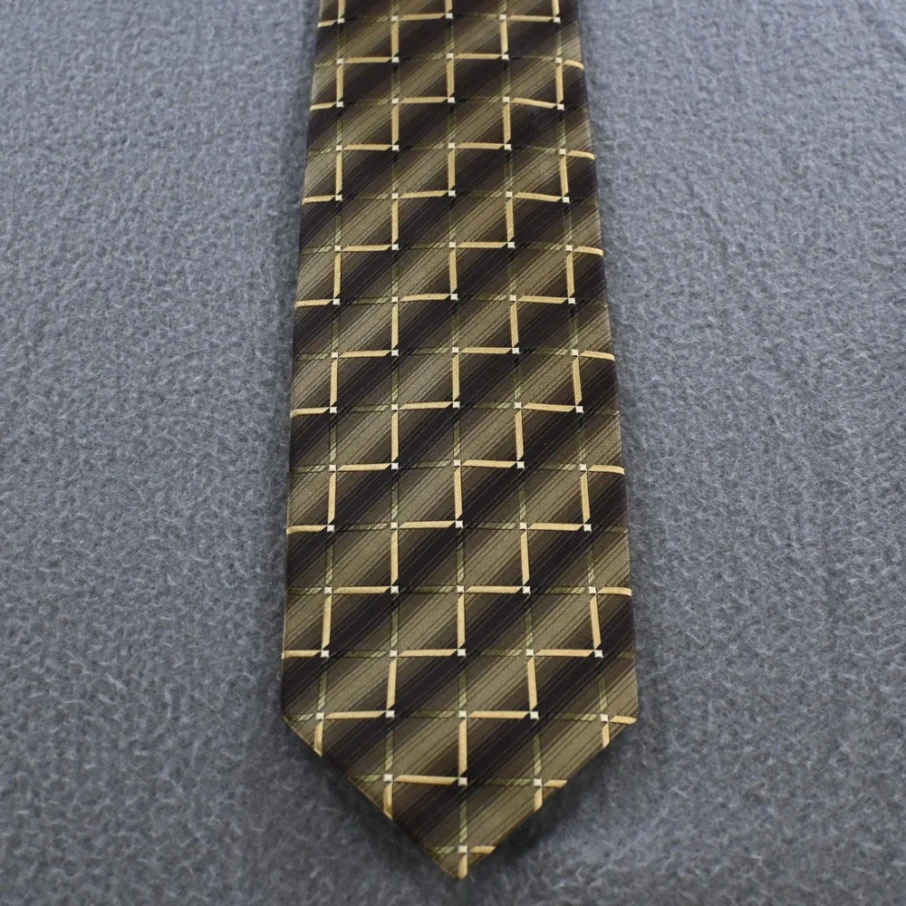 Roberto Villini Mens Collezione Geometric Plaid Silk Necktie OS Brown‎ Gold